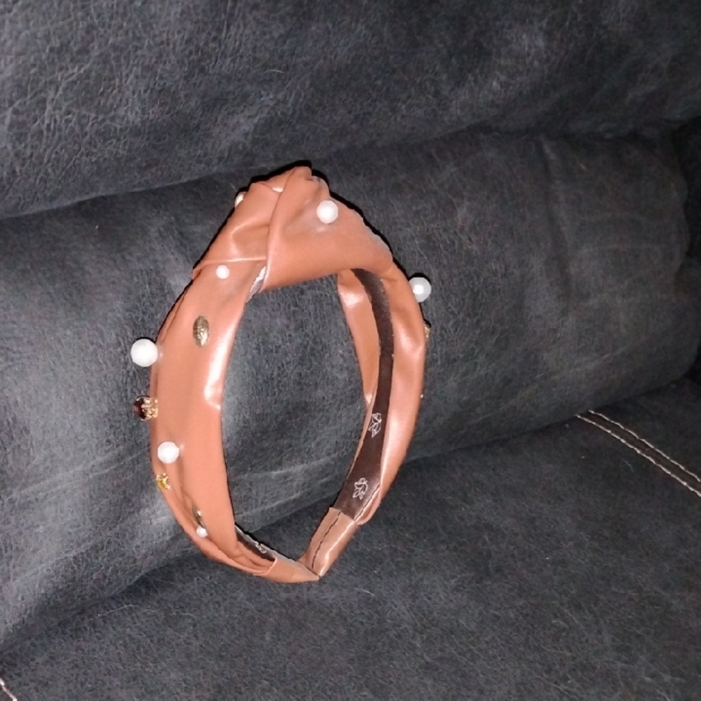 Leather Brown Pearl-Studded Headband